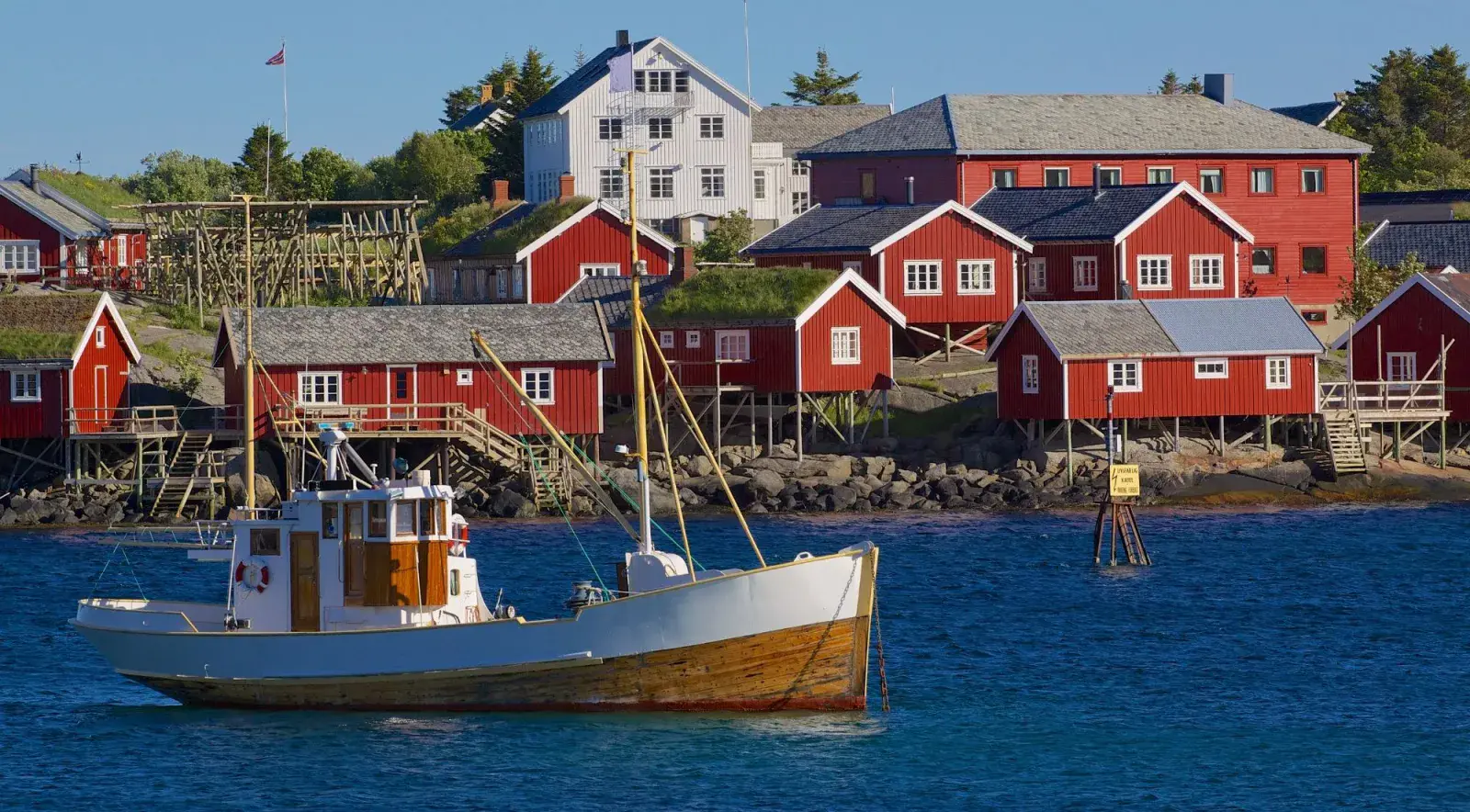 Classic red rorbuer and a Lofoten fishing boat on a calm summer evening